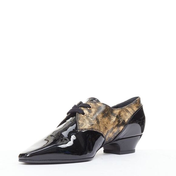CHANEL 2018 Runway Forest Fairies black gold pointed square toe CC oxford EU38.5 - Picture 4 of 10